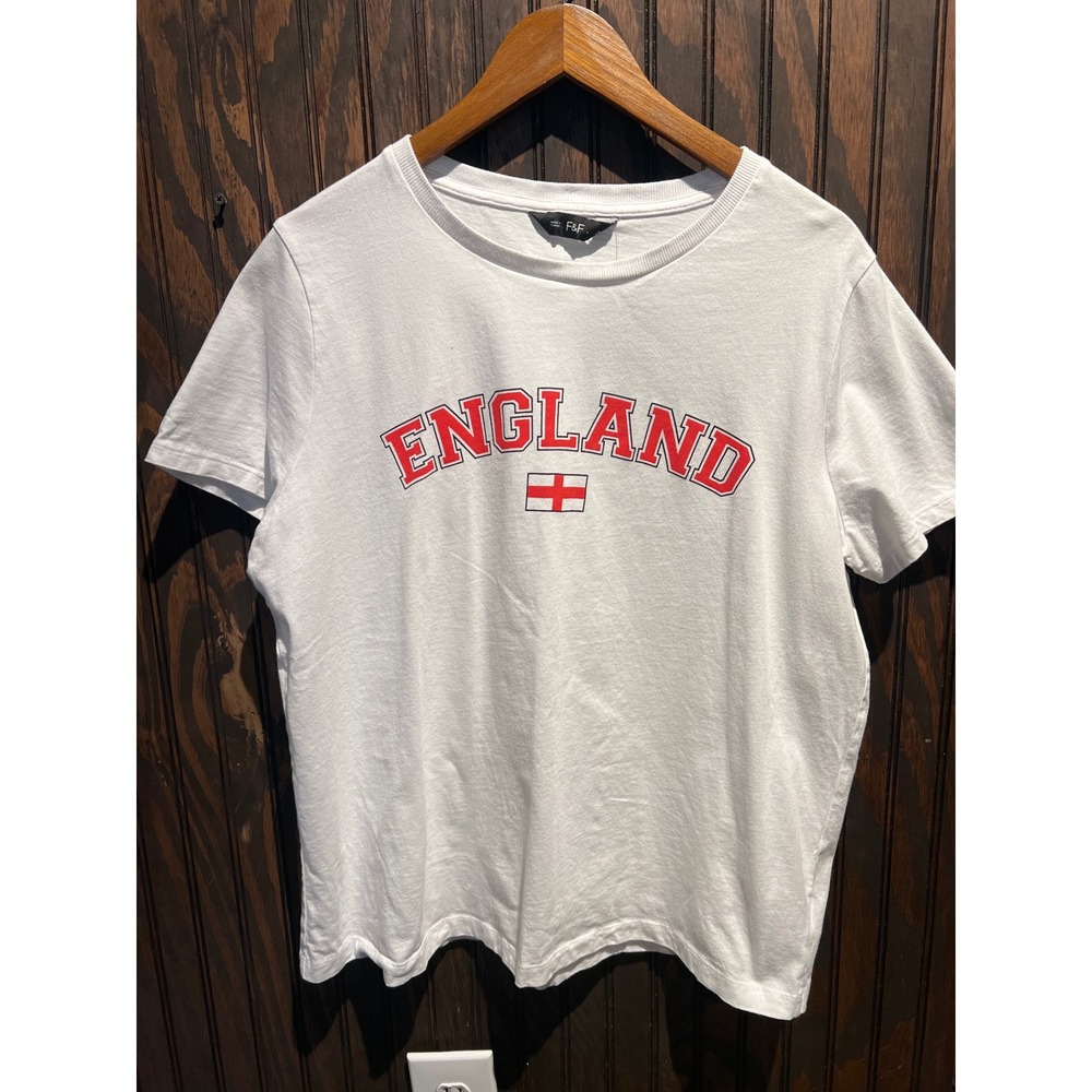 F&F England Graphic T-Shirt White Red Block Lettering St Georges Cross Tee